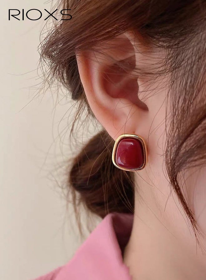 RIOXS Women's Vintage Trapezoid Earrings, Hypoallergenic 925 Sterling Silver Studs Gold-rimmed Eye-Catching Jewelry Elegant, Perfect for Fall Fashion Accessories, Gifts, Parties, Anniversaries, Dating, Red - Image 3